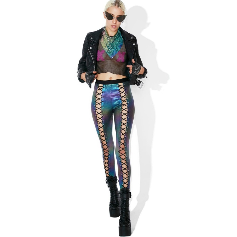 Lace up holographic oil slick leggings